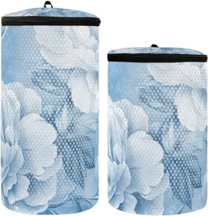 2 Pcs(S   M Size) Mesh Cylinder Laundry Bags Blue Peony Flowers Polyester Reusable Machine Washable Mesh Bags, Dirty Bag for Home Travel