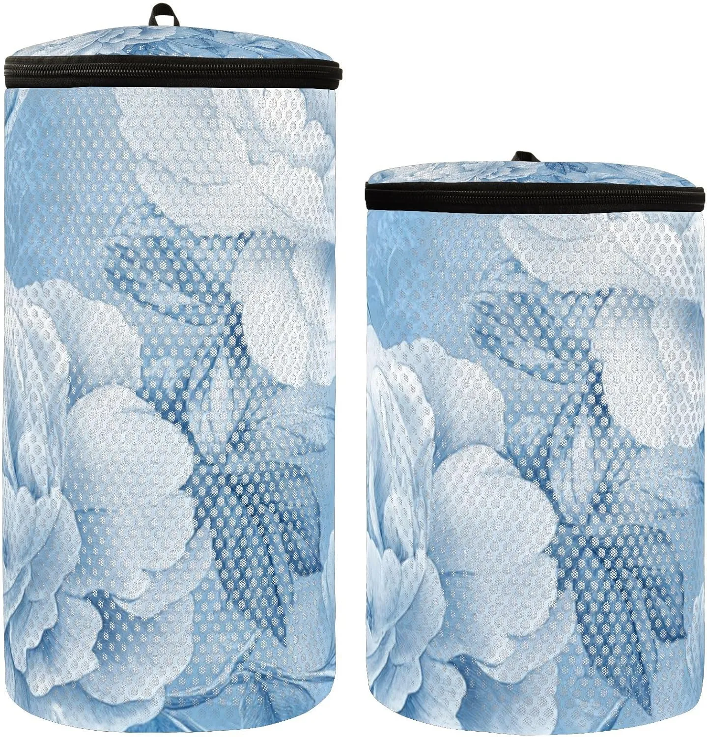 2 Pcs(S   M Size) Mesh Cylinder Laundry Bags Blue Peony Flowers Polyester Reusable Machine Washable Mesh Bags, Dirty Bag for Home Travel
