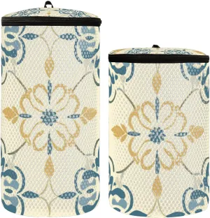 2 Pcs(S   M Size) Mesh Cylinder Laundry Bags Blue Yellow Floral Pattern Vintage Polyester Reusable Machine Washable Mesh Bags, Dirty Bag for Home Travel
