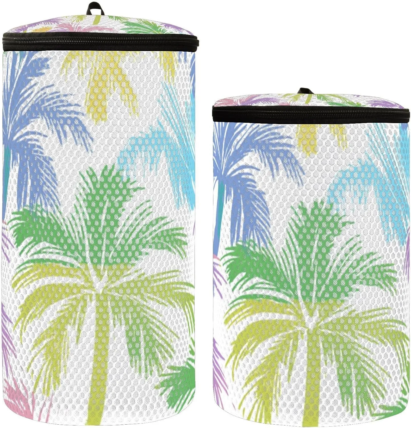 2 Pcs(S   M Size) Mesh Cylinder Laundry Bags Colorful Coconut Tree Green Blue Polyester Reusable Machine Washable Mesh Bags, Dirty Bag for Home Travel
