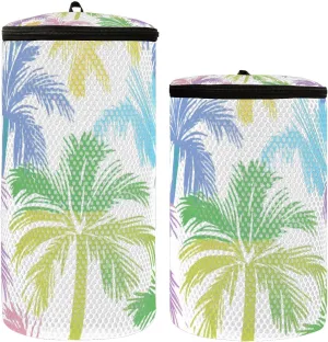 2 Pcs(S   M Size) Mesh Cylinder Laundry Bags Colorful Coconut Tree Green Blue Polyester Reusable Machine Washable Mesh Bags, Dirty Bag for Home Travel