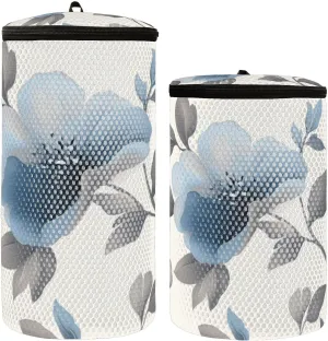 2 Pcs(S   M Size) Mesh Cylinder Laundry Bags Pale Blue Flowers Polyester Reusable Machine Washable Mesh Bags, Dirty Bag for Home Travel