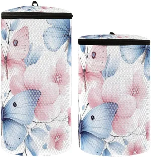 2 Pcs(S   M Size) Mesh Cylinder Laundry Bags Pink Blue Watercolor Butterfly Polyester Reusable Machine Washable Mesh Bags, Dirty Bag for Home Travel
