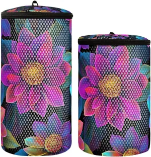2 Pcs(S   M Size) Mesh Cylinder Laundry Bags Pink Colorful Flowers Vintage Polyester Reusable Machine Washable Mesh Bags, Dirty Bag for Home Travel