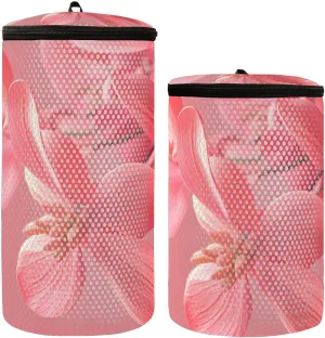 2 Pcs(S   M Size) Mesh Cylinder Laundry Bags Pink Flowers Lovely Polyester Reusable Machine Washable Mesh Bags, Dirty Bag for Home Travel