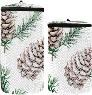 2 Pcs(S   M Size) Mesh Cylinder Laundry Bags Sketch Pine Leaves and Cones Polyester Reusable Machine Washable Mesh Bags, Dirty Bag for Home Travel