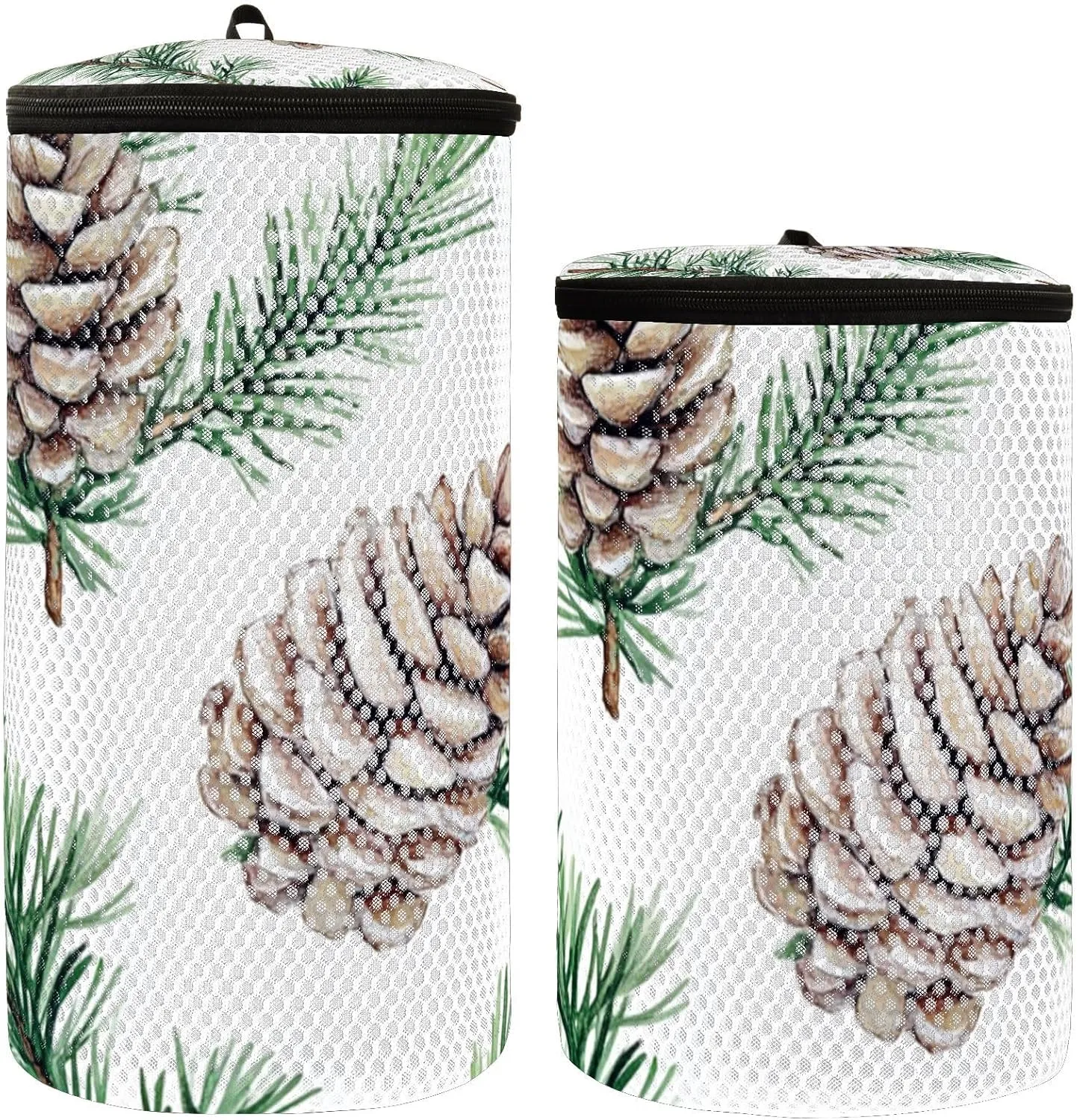 2 Pcs(S   M Size) Mesh Cylinder Laundry Bags Sketch Pine Leaves and Cones Polyester Reusable Machine Washable Mesh Bags, Dirty Bag for Home Travel