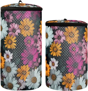 2 Pcs(S   M Size) Mesh Cylinder Laundry Bags White Pink Daisy Flowers Polyester Reusable Machine Washable Mesh Bags, Dirty Bag for Home Travel