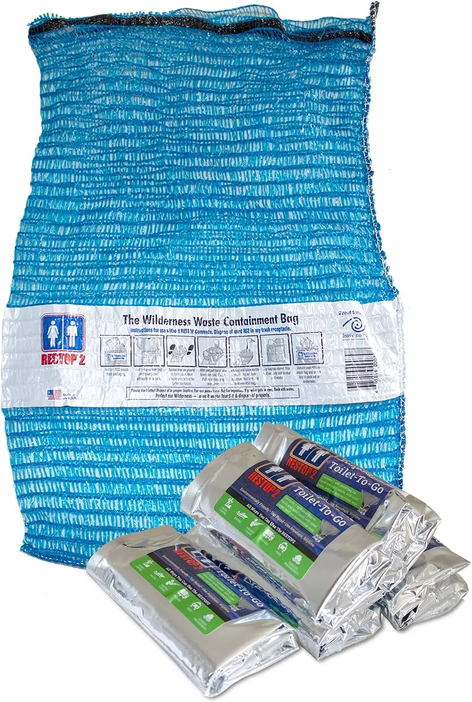 2 Wilderness Kit - 5 Quantity Individually Packaged Portable Toilet Leak Proof Waste Bags Inside of 1 Mesh Tote - Waste Bags Are For Solid (Poop) and Liquid (Pee)