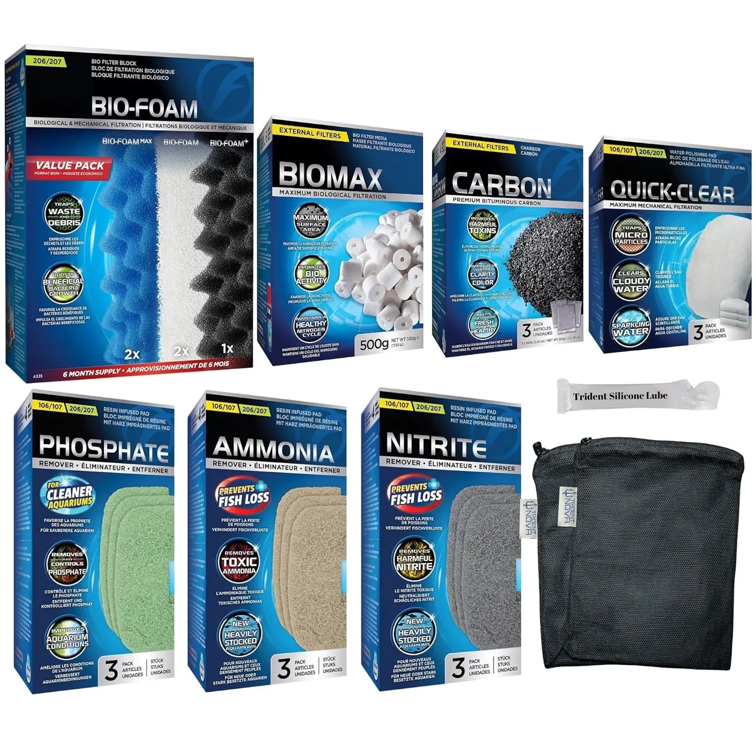 206/207 Filter Media Canister Filter Maintenance & Replacement Filter Media Kit, Including Trident Nova Mesh Bags(Quick Clear, BioFoam, Nitrite/Phosphate/Ammonia Remover, Carbon, Biomax)