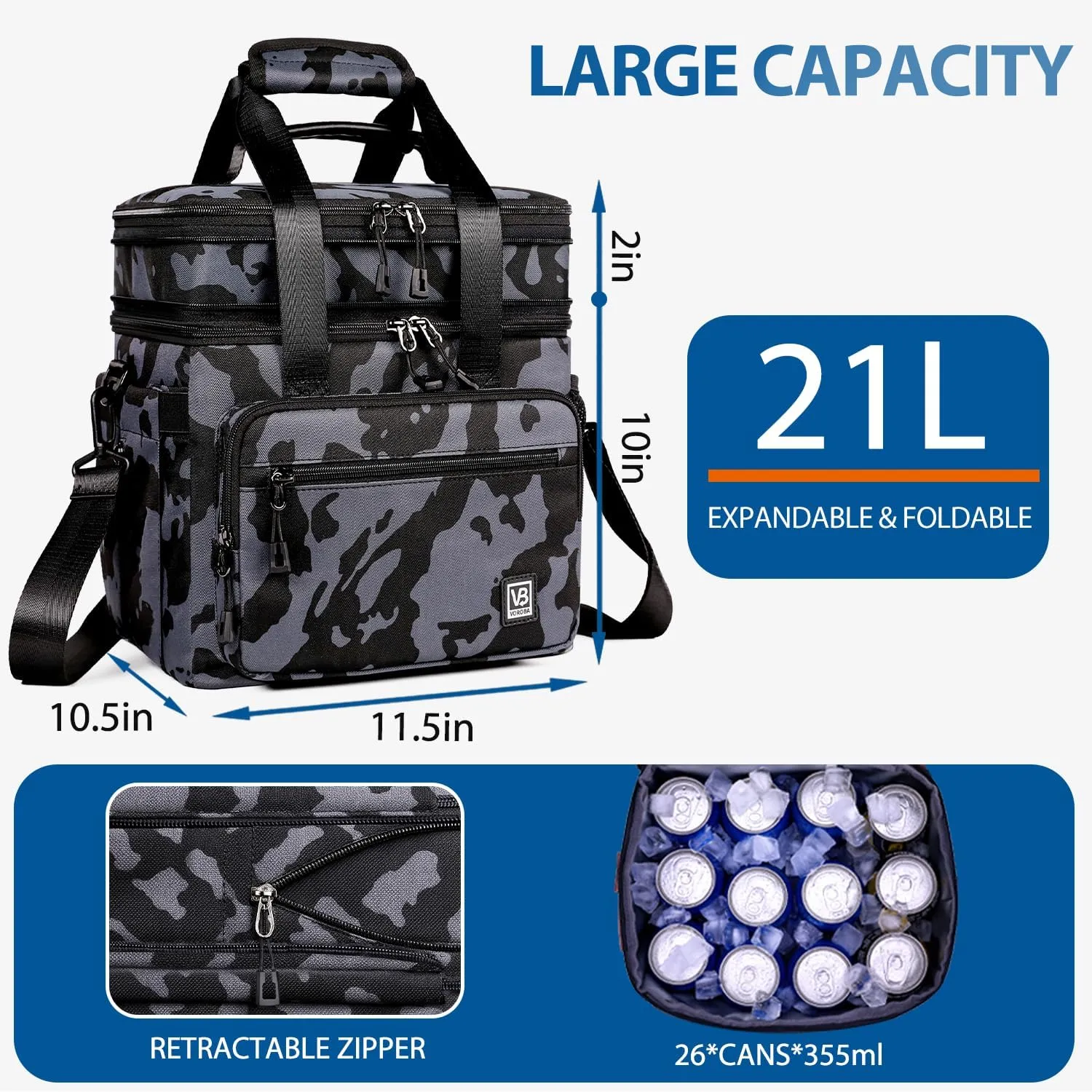 21L Double Deck Large Capacity Lunch Bag Leak-Proof Insulated Lunch Box for Men & Women Adults, Expandable Cooler Bag for Office Travel Picnic, Multi-Pocket Easy to Clean, Camo