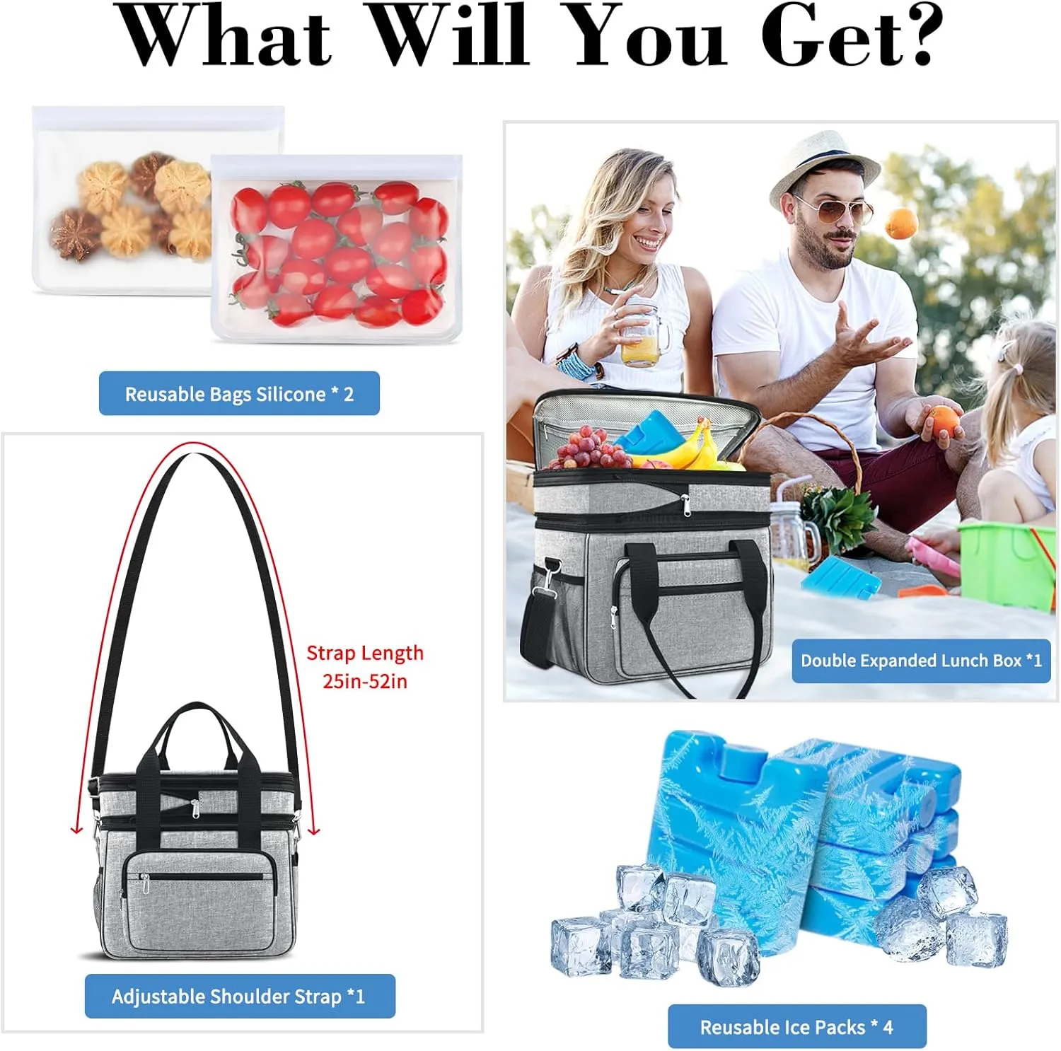 23L Extra Large Expandable Insulated Cooler Lunch Box for Men Double Deck Leakproof Heavy Duty Lunch Bag with 4 Ice Packs&2 Snack Bags for Adult/Construction/Women/Work/Picnic/Camping - Grey