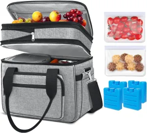 23L Extra Large Expandable Insulated Cooler Lunch Box for Men Double Deck Leakproof Heavy Duty Lunch Bag with 4 Ice Packs&2 Snack Bags for Adult/Construction/Women/Work/Picnic/Camping - Grey
