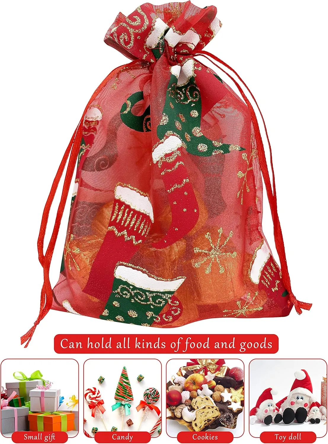 24 Pack Organza Bags - 5x7 inches Christmas Mesh Drawstring Gift Bags