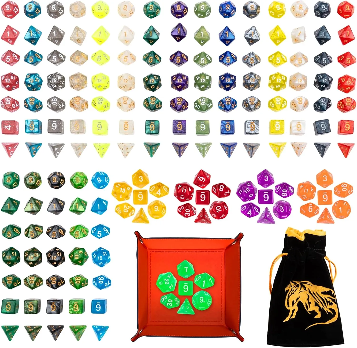25 Sets DND Dice Polyhedral Dice Dungeons and Dragons Rolling Dice for RPG MTG Table Games Dice Bulk with Free Drawstring Bags and PU Leather D&D Dice Tray (Colored)