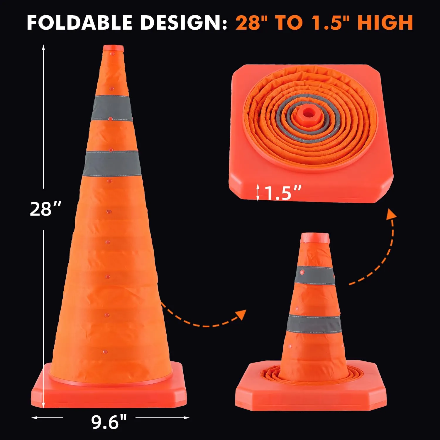 28 Inch 4 Pack Collapsible Traffic Safety Cones, Orange Cones with Reflective Collar, Portable Multipurpose Traffic Cones for Parking Construction Driving Training Sports Practice