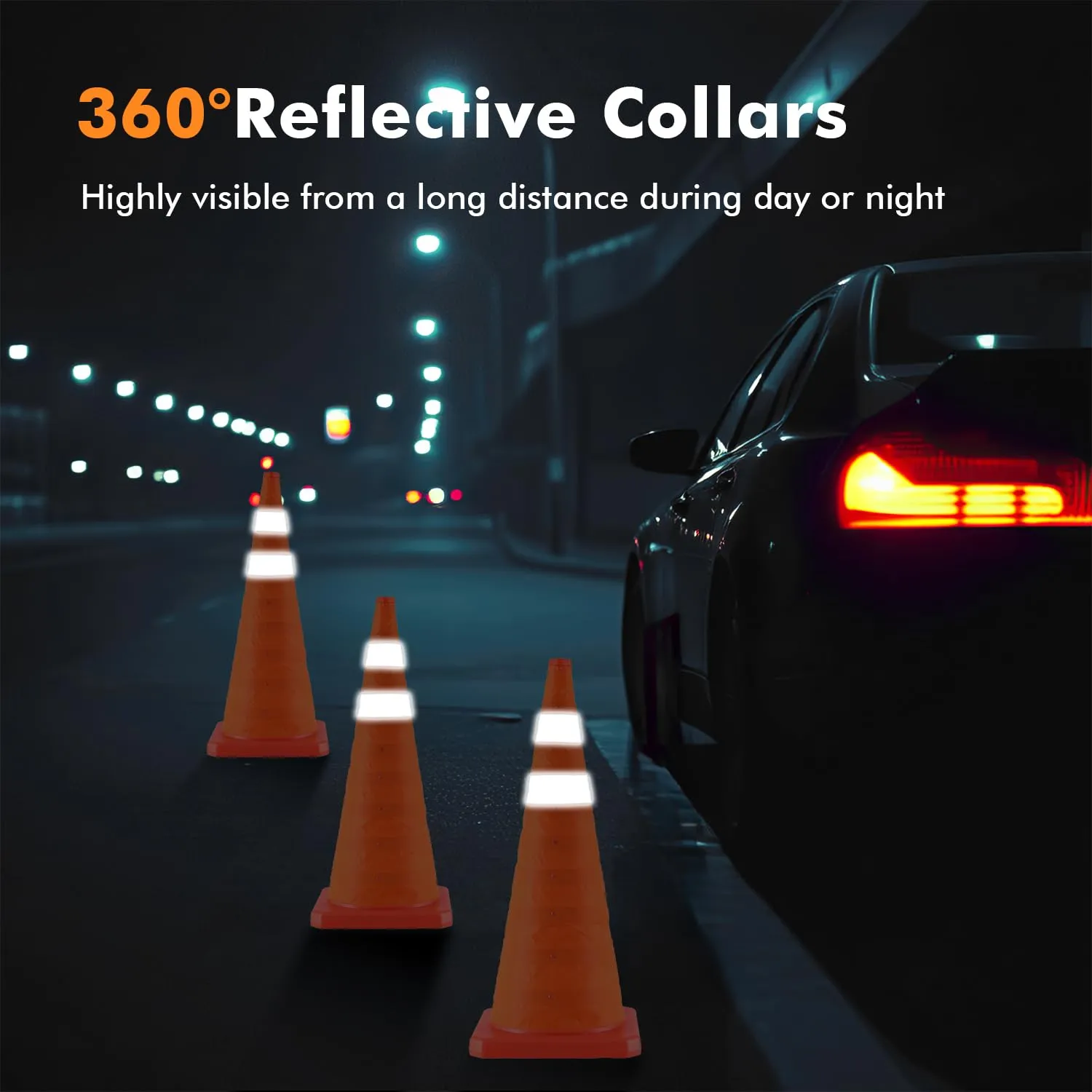 28 Inch 4 Pack Collapsible Traffic Safety Cones, Orange Cones with Reflective Collar, Portable Multipurpose Traffic Cones for Parking Construction Driving Training Sports Practice