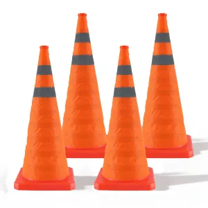 28 Inch 4 Pack Collapsible Traffic Safety Cones, Orange Cones with Reflective Collar, Portable Multipurpose Traffic Cones for Parking Construction Driving Training Sports Practice