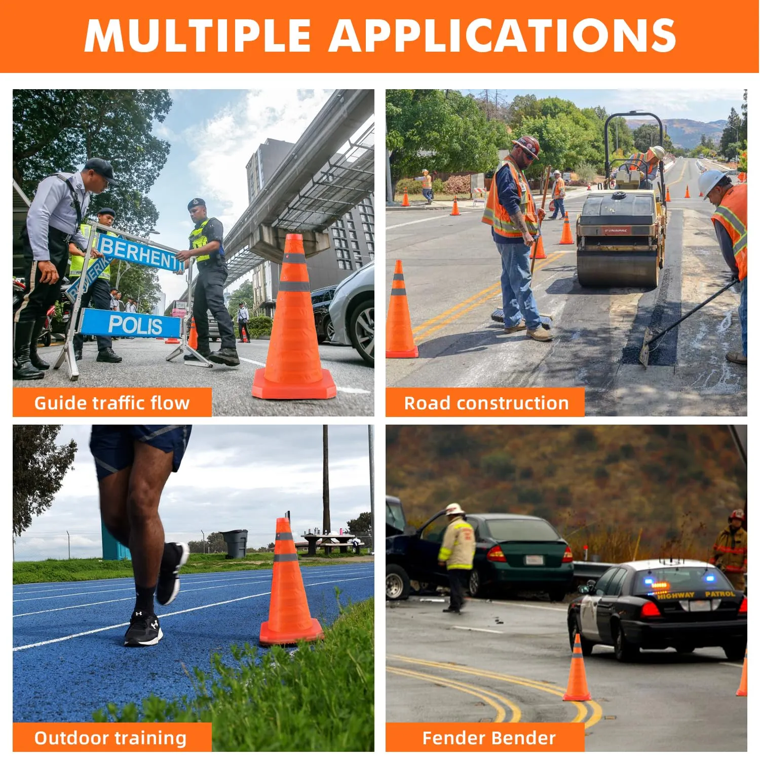28 Inch 4 Pack Collapsible Traffic Safety Cones, Orange Cones with Reflective Collar, Portable Multipurpose Traffic Cones for Parking Construction Driving Training Sports Practice