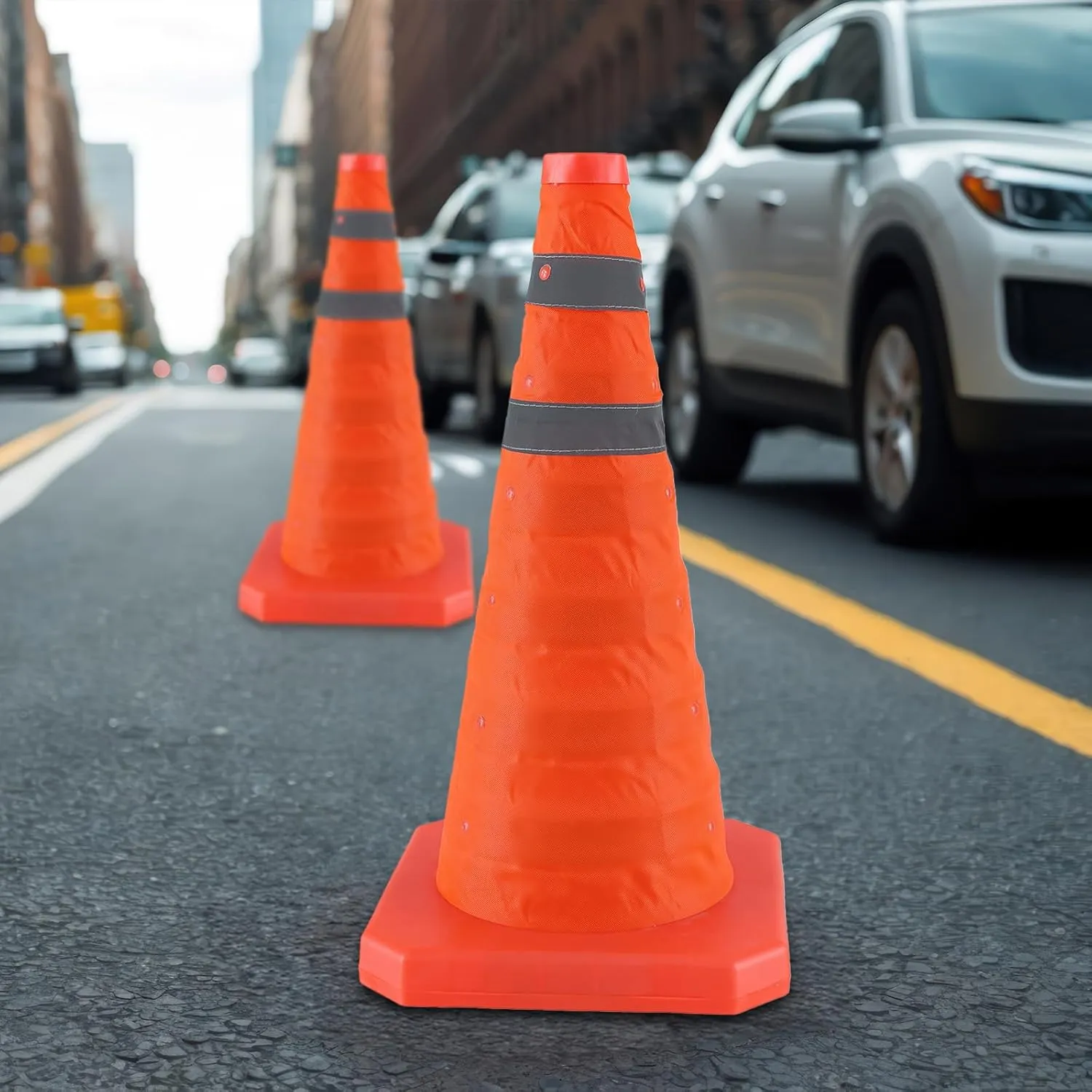 28 Inch 4 Pack Collapsible Traffic Safety Cones, Orange Cones with Reflective Collar, Portable Multipurpose Traffic Cones for Parking Construction Driving Training Sports Practice