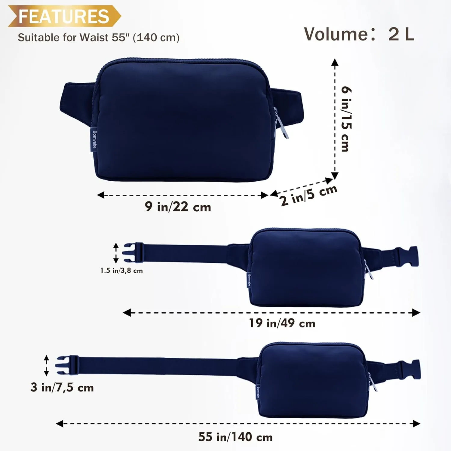 2L Fanny Pack for Women Men, Large Everywhere Belt Bag with Adjustable Strap 55", Crossbody Bag Water-resistant for Travel Sports Running Hiking, Fashion Waist Bag Dark Blue