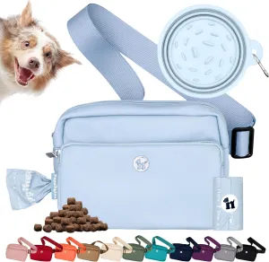 3-in-1 Crossbody Bag & Dog Treat Pouch for Pet Training - Matching Compostable Poop Bags, Built-in Poop Bag Dispenser & Slow-Feeding Travel Dog Bowl - Dog Walking Bag (Ice Blue)