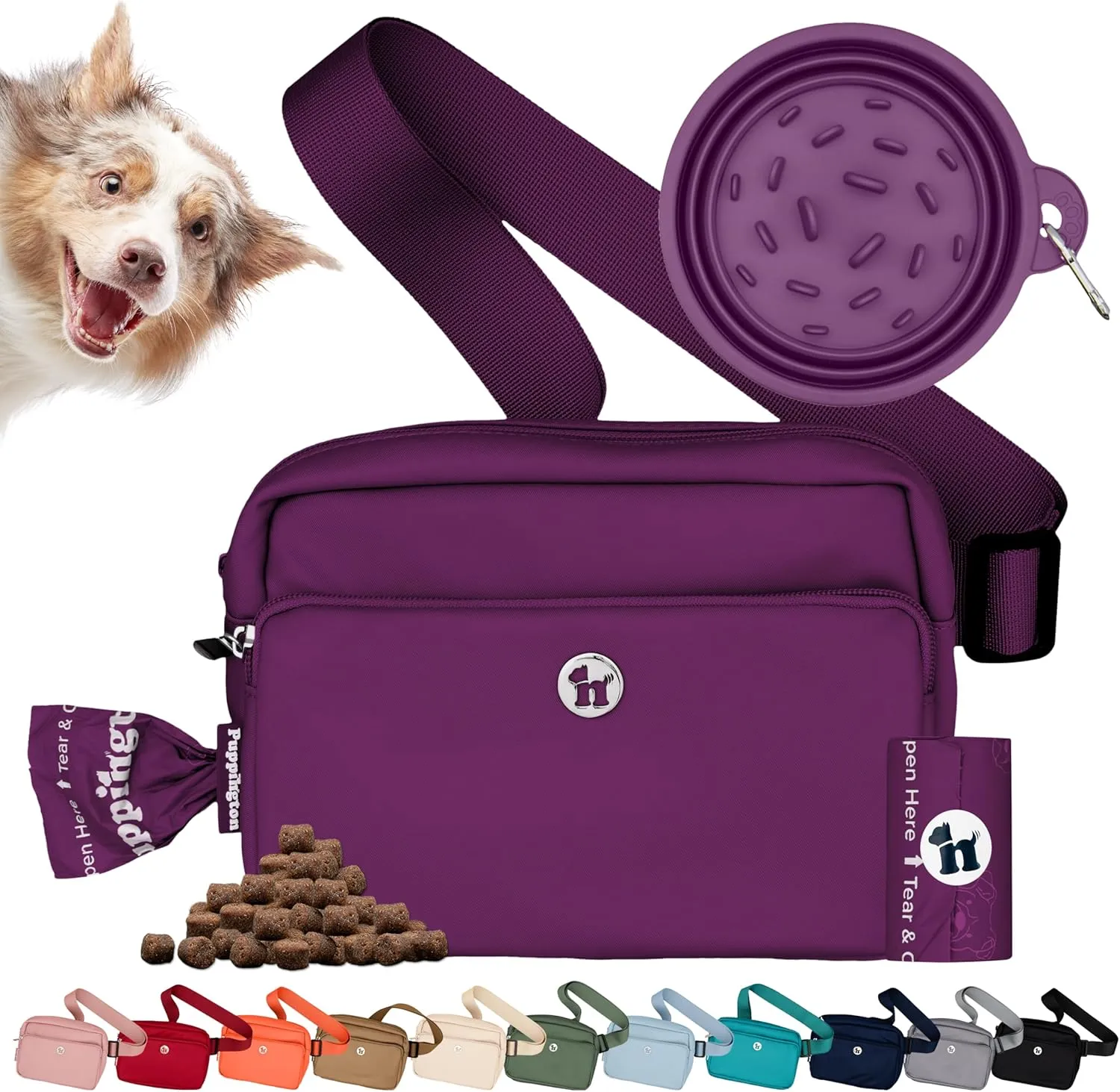 3-in-1 Crossbody Bag & Dog Treat Pouch for Pet Training - Matching Compostable Poop Bags, Built-in Poop Bag Dispenser & Slow-Feeding Travel Dog Bowl - Dog Walking Bag (Plum Wine)