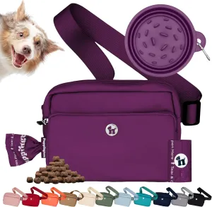 3-in-1 Crossbody Bag & Dog Treat Pouch for Pet Training - Matching Compostable Poop Bags, Built-in Poop Bag Dispenser & Slow-Feeding Travel Dog Bowl - Dog Walking Bag (Plum Wine)