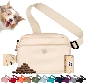 3-in-1 Crossbody Bag & Dog Treat Pouch for Pet Training - Matching Poop Bags & Built-in Poop Bag Dispenser - Zippered Pockets - Dog Walking Bag for Office to Off-Leash (Vanilla Cream)