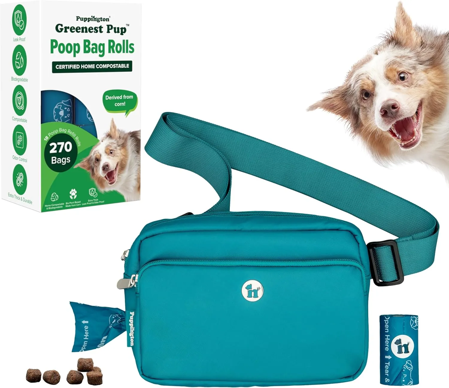 3-in-1 Crossbody Bag & Dog Treat Pouch for Pet Training with 270 Matching Compostable Poop Bags (Lagoon Teal)