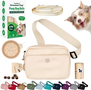 3-in-1 Crossbody Bag & Dog Treat Pouch with Slow-Feeding Travel Bowl & Reflective Leash for Pet Training with 270 Matching Compostable Poop Bags (Vanilla Cream)