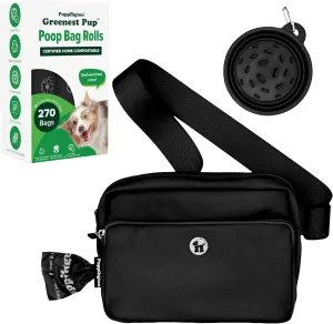3-in-1 Crossbody Bag & Dog Treat Pouch with Slow-Feeding Travel Bowl for Pet Training with 270 Matching Compostable Poop Bags (Onyx Black)