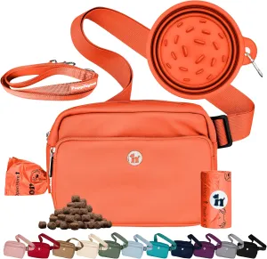 3-in-1 Crossbody Dog Treat Pouch for Pet Training - Compostable Poop Bags, Built-in Poop Bag Dispenser, Slow-Feeding Travel Dog Bowl & Reflective Leash - Dog Walking Bag (Poppy Orange)
