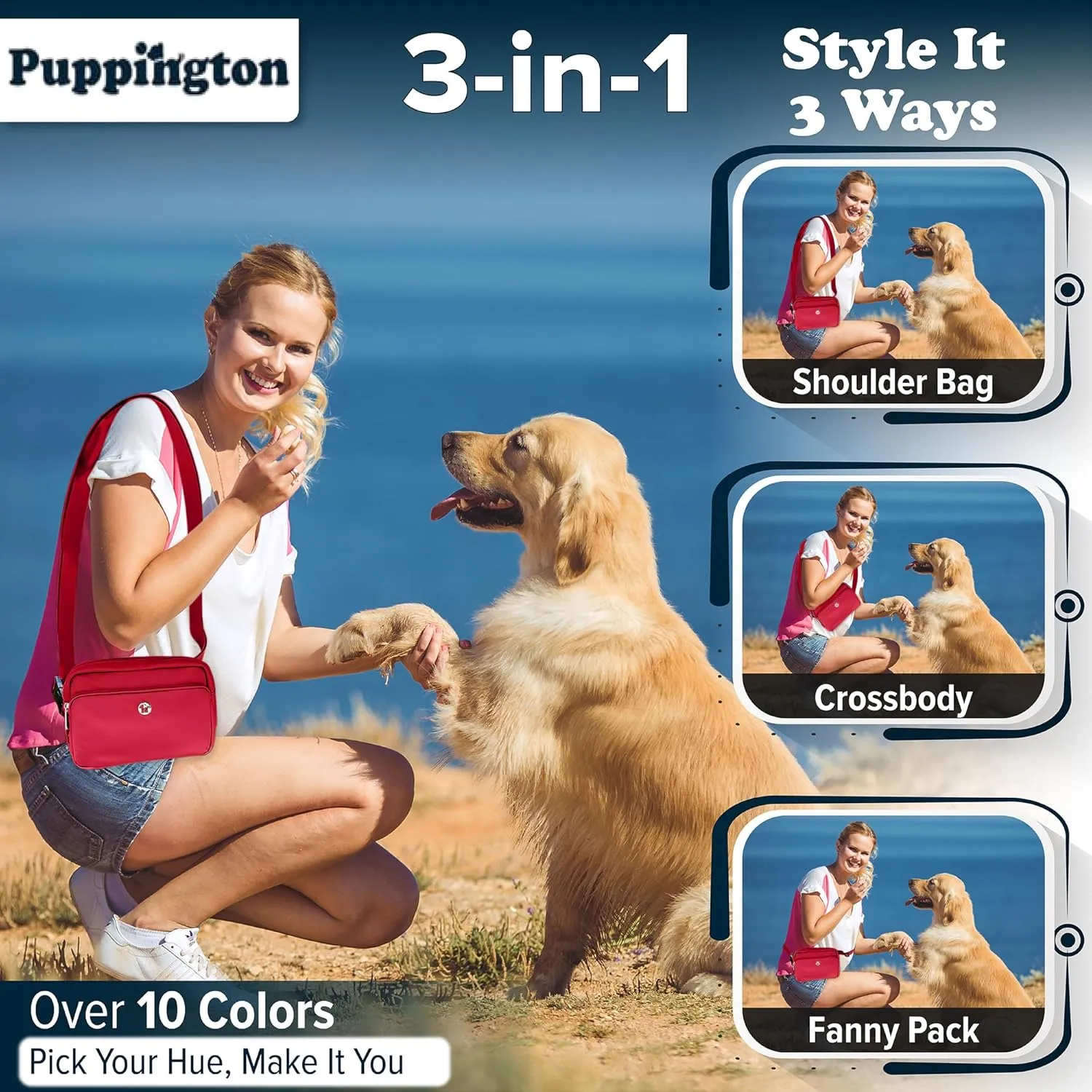 3-in-1 Crossbody Dog Walking Bag & Treat Pouch with Matching Planet Safe Poop Bags & Built-In Dispenser - Dog Mom Gift for Puppy Training with Zippered Pockets (Ruby Red)