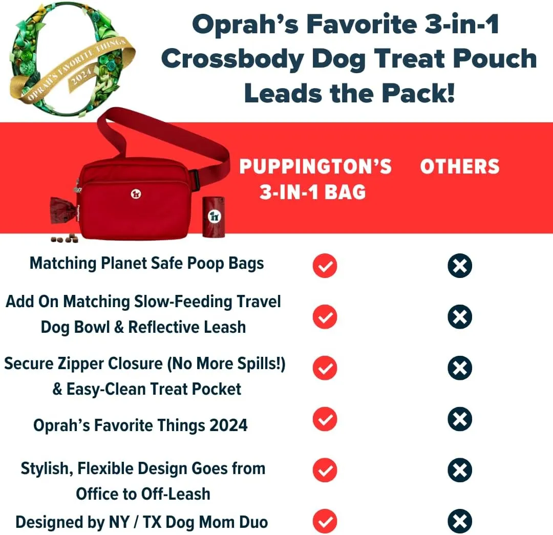 3-in-1 Crossbody Dog Walking Bag & Treat Pouch with Matching Planet Safe Poop Bags & Built-In Dispenser - Dog Mom Gift for Puppy Training with Zippered Pockets (Ruby Red)