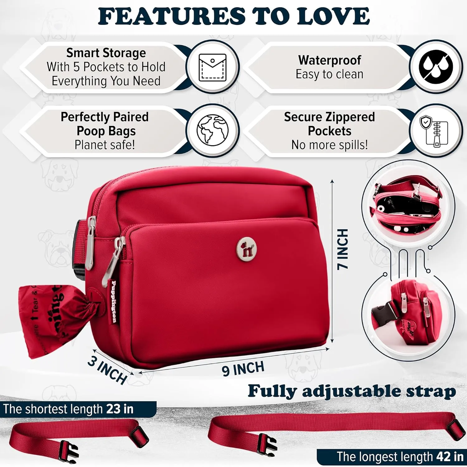 3-in-1 Crossbody Dog Walking Bag & Treat Pouch with Matching Planet Safe Poop Bags & Built-In Dispenser - Dog Mom Gift for Puppy Training with Zippered Pockets (Ruby Red)