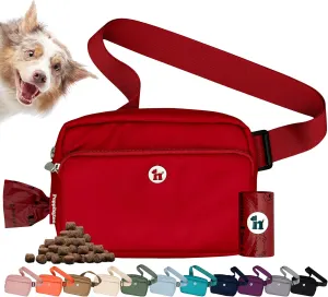 3-in-1 Crossbody Dog Walking Bag & Treat Pouch with Matching Planet Safe Poop Bags & Built-In Dispenser - Dog Mom Gift for Puppy Training with Zippered Pockets (Ruby Red)