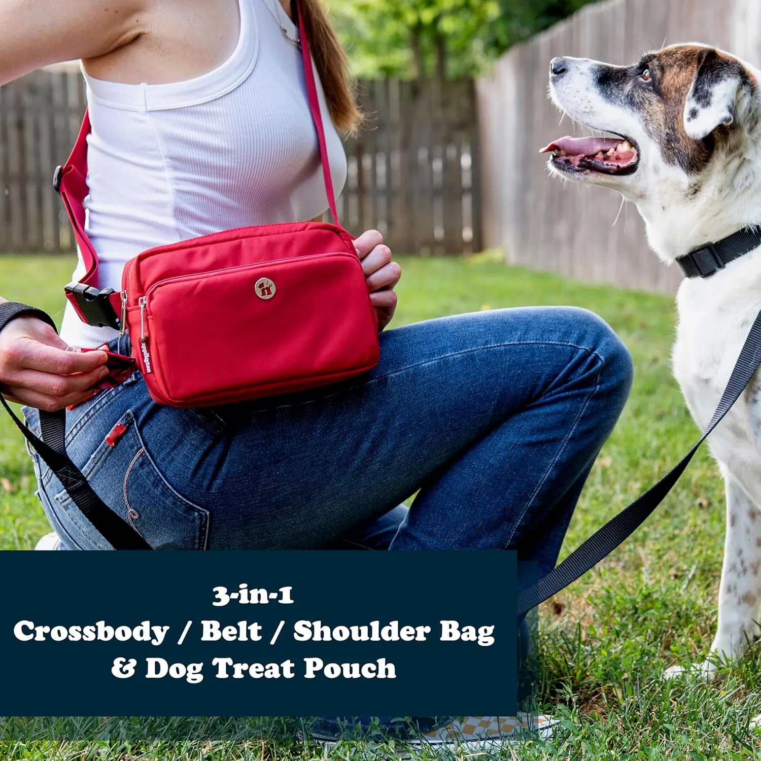 3-in-1 Crossbody Dog Walking Bag & Treat Pouch with Matching Planet Safe Poop Bags & Built-In Dispenser - Dog Mom Gift for Puppy Training with Zippered Pockets (Ruby Red)