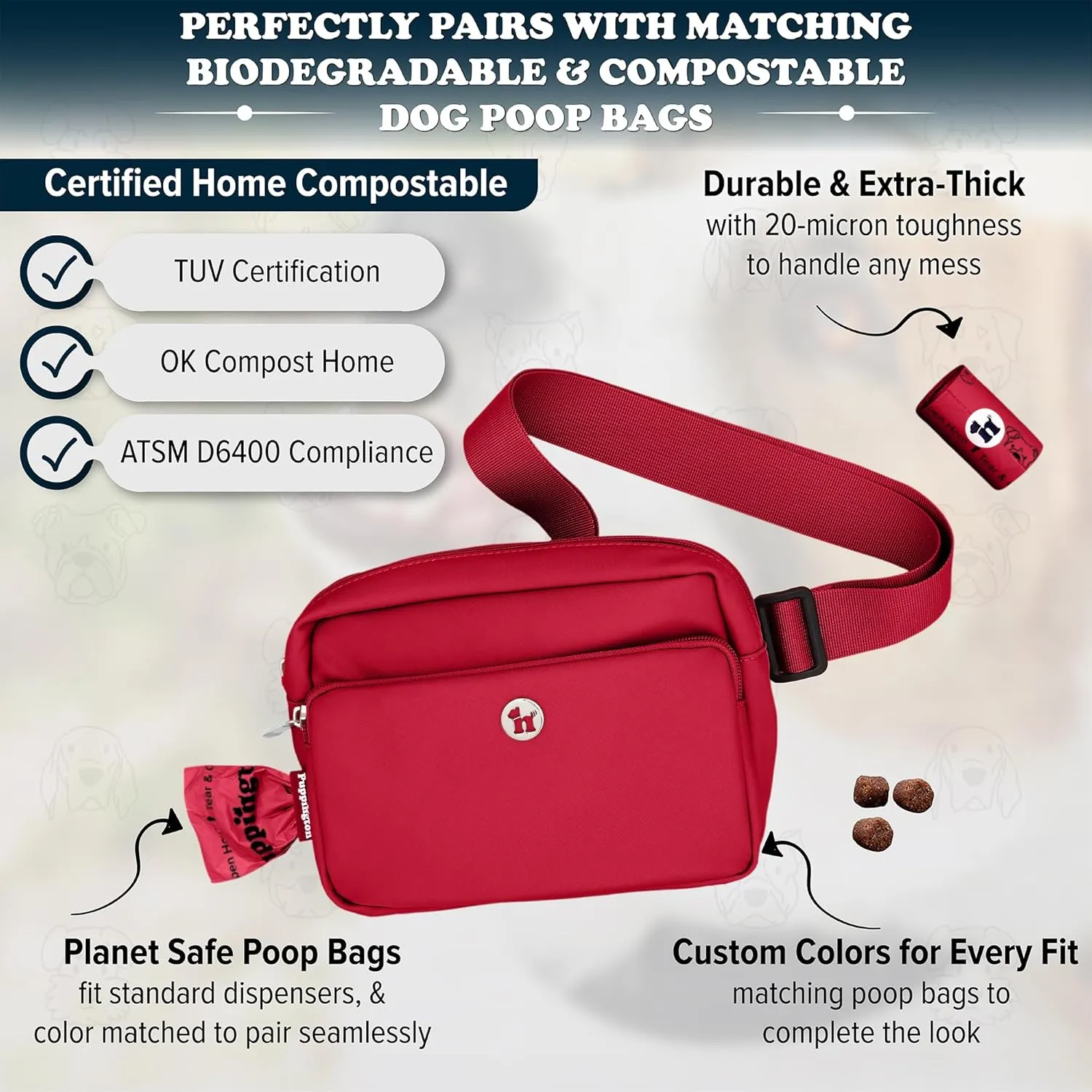3-in-1 Crossbody Dog Walking Bag & Treat Pouch with Matching Planet Safe Poop Bags & Built-In Dispenser - Dog Mom Gift for Puppy Training with Zippered Pockets (Ruby Red)