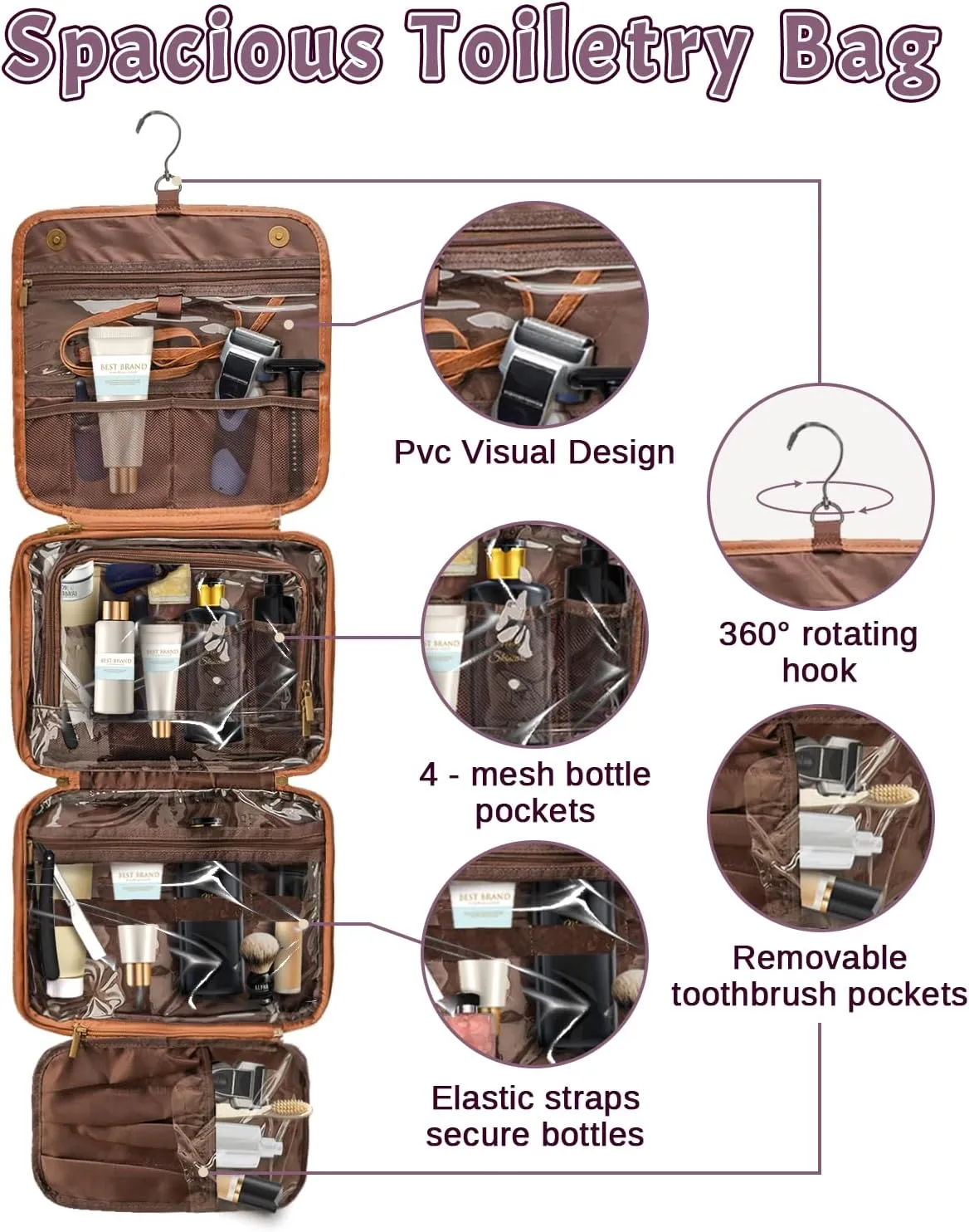 3-in-1 Extra Large Personalized Toiletry Bag For Men, Custom Hanging Travel Organizer Bag, Engraved Leather Waterproof Dopp Kit & Gifts for Him Husband Father (Father's Day, Christmas)
