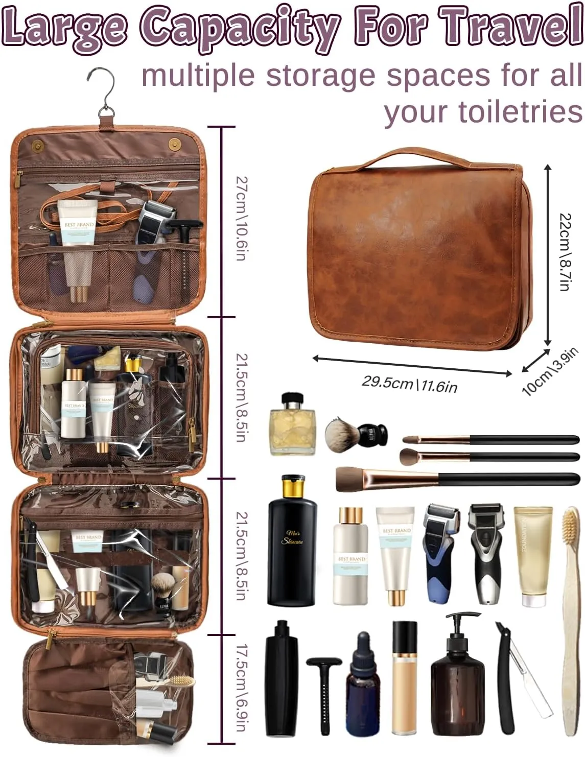 3-in-1 Extra Large Personalized Toiletry Bag For Men, Custom Hanging Travel Organizer Bag, Engraved Leather Waterproof Dopp Kit & Gifts for Him Husband Father (Father's Day, Christmas)
