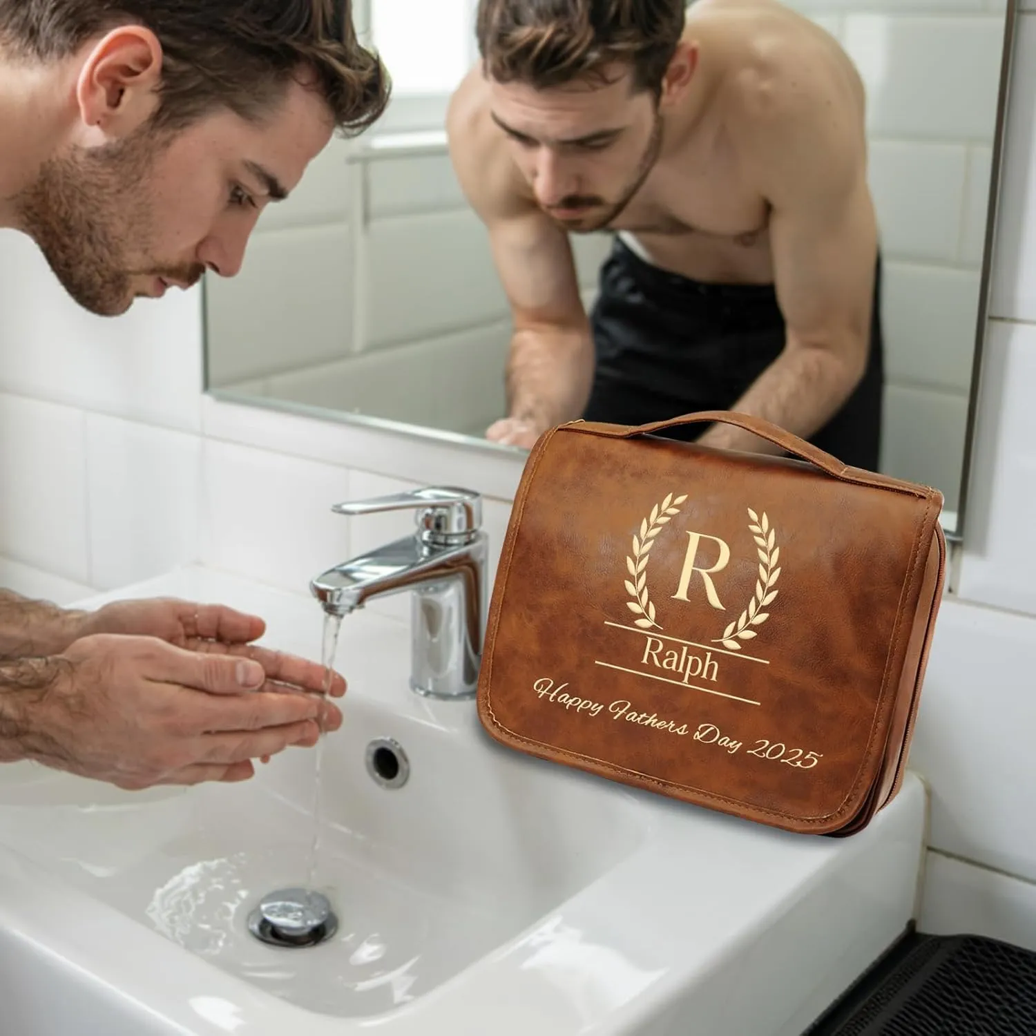 3-in-1 Extra Large Personalized Toiletry Bag For Men, Custom Hanging Travel Organizer Bag, Engraved Leather Waterproof Dopp Kit & Gifts for Him Husband Father (Father's Day, Christmas)