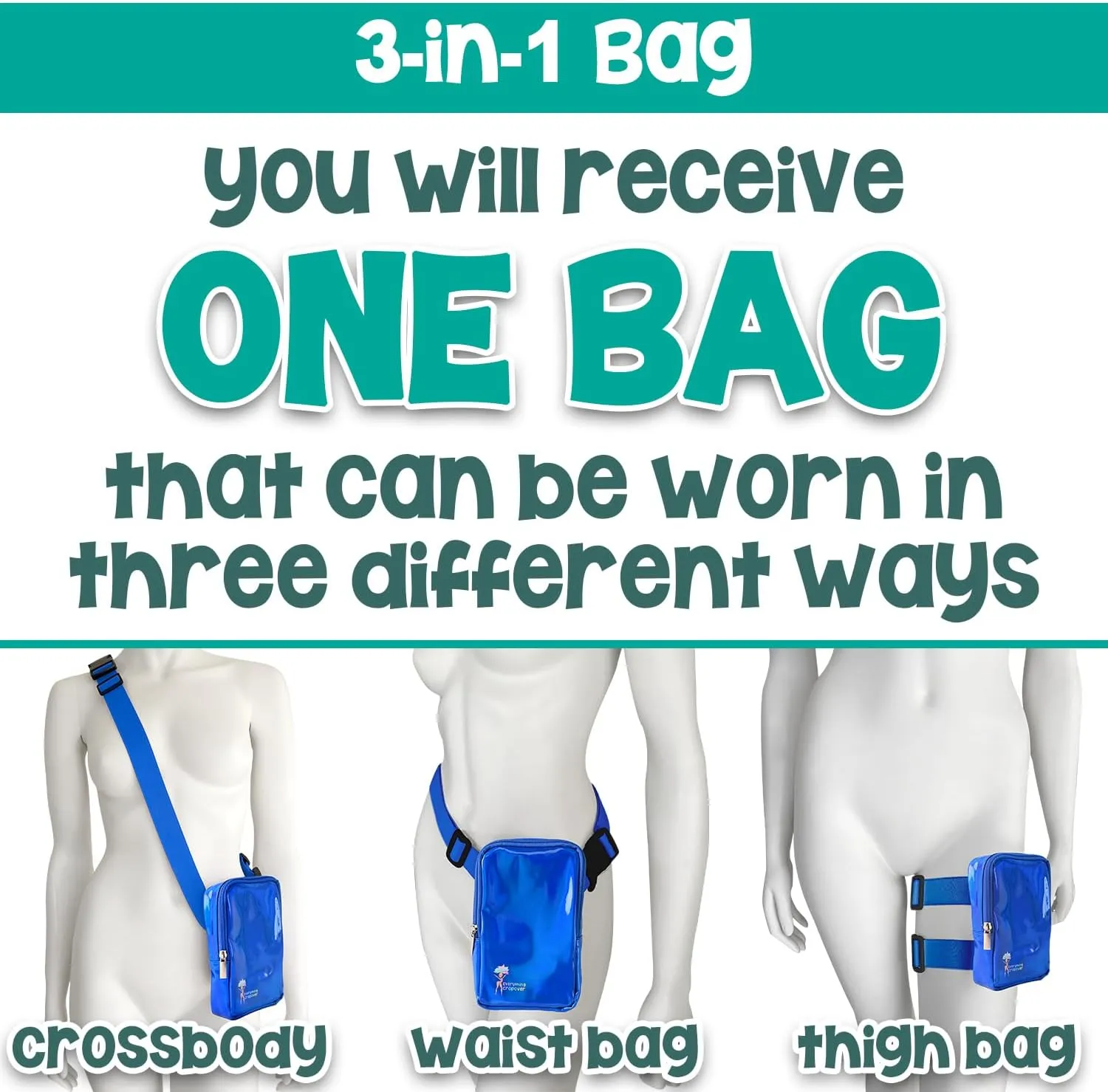 3-IN-1 Thigh Bag Fanny Pack Crossbody Bag | Carnival Leg Harness for Women | Holographic Waist Bag | Rave Leg Pack with Buckles | Blue