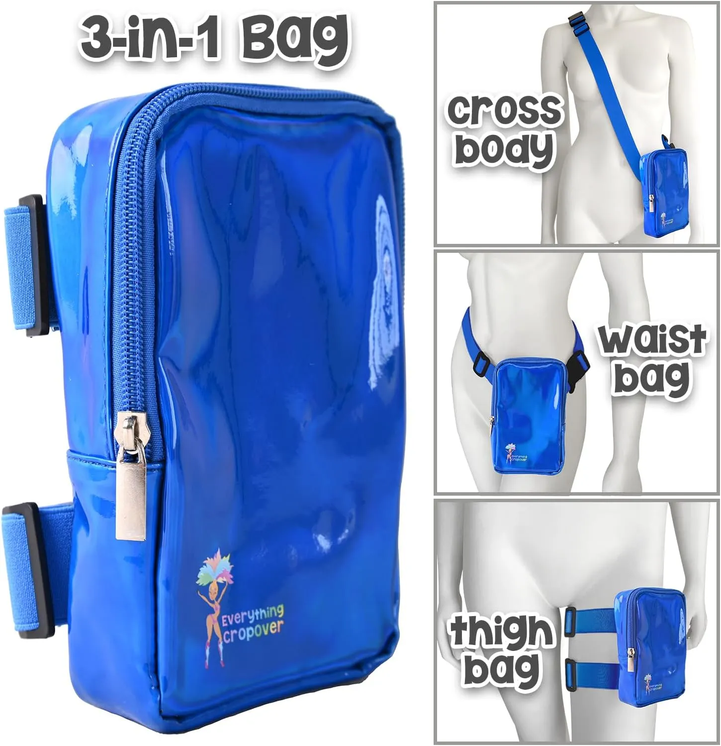 3-IN-1 Thigh Bag Fanny Pack Crossbody Bag | Carnival Leg Harness for Women | Holographic Waist Bag | Rave Leg Pack with Buckles | Blue
