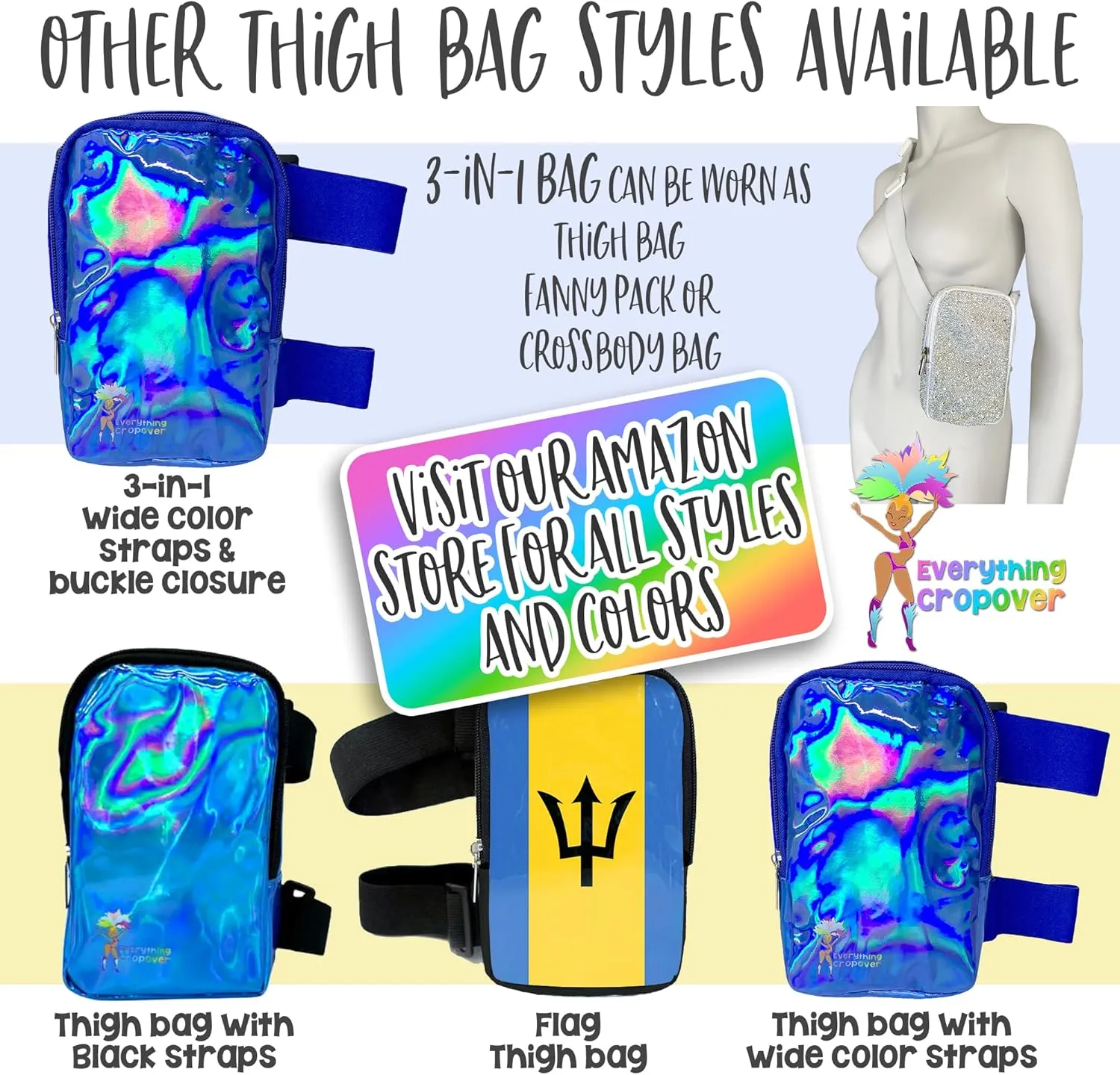 3-IN-1 Thigh Bag Fanny Pack Crossbody Bag | Carnival Leg Harness for Women | Holographic Waist Bag | Rave Leg Pack with Buckles | Blue
