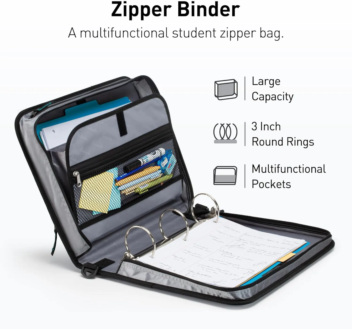 3-Inch Zipper Binder, Round Ring Binder with Handle and Shoulder Strap, Green