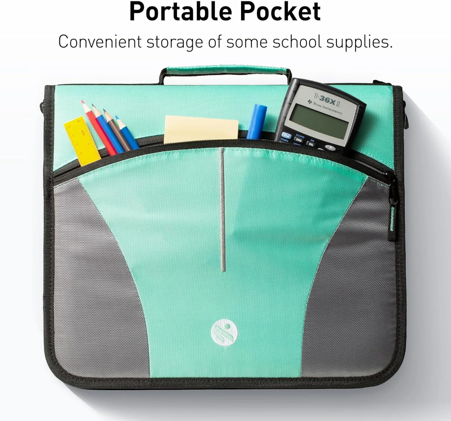 3-Inch Zipper Binder, Round Ring Binder with Handle and Shoulder Strap, Green