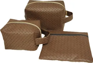 3-Piece Toiletry Bag Set, Travel Cosmetic Organizer Pouches, Diamond Pattern Vinyl, 8 x 6 inches (middle brown)