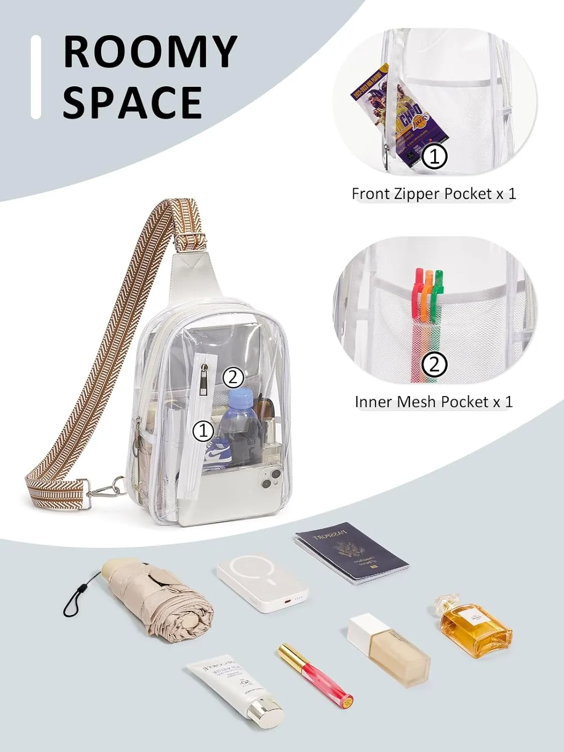3 Pockets Clear Bag for Stadium Events Approved Clear Purses Fanny Pack for Women Men
