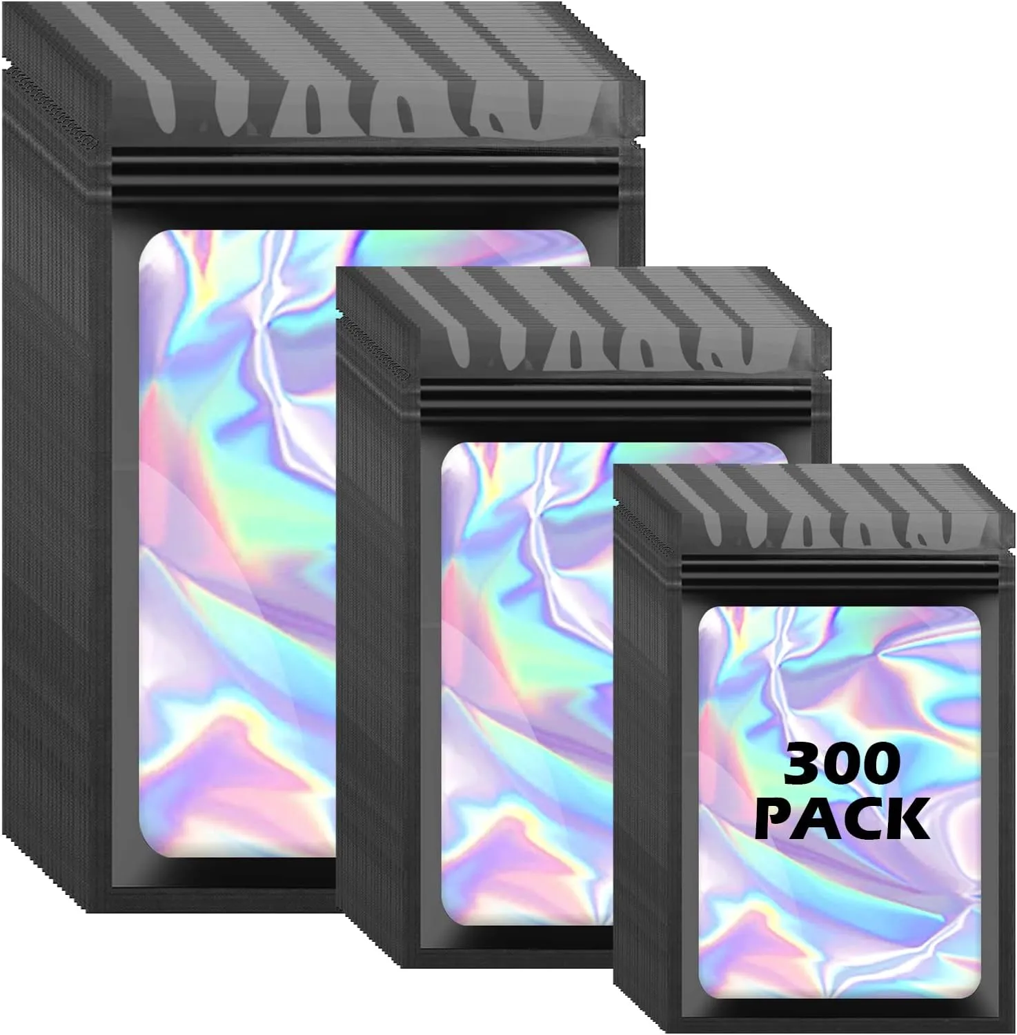 300 Pcs Holographic Mylar Bags, 3 Size Smell Proof Bags with Clear Window Foil Pouch Bags Resealable Bags for Small Business and Food Storage, Black